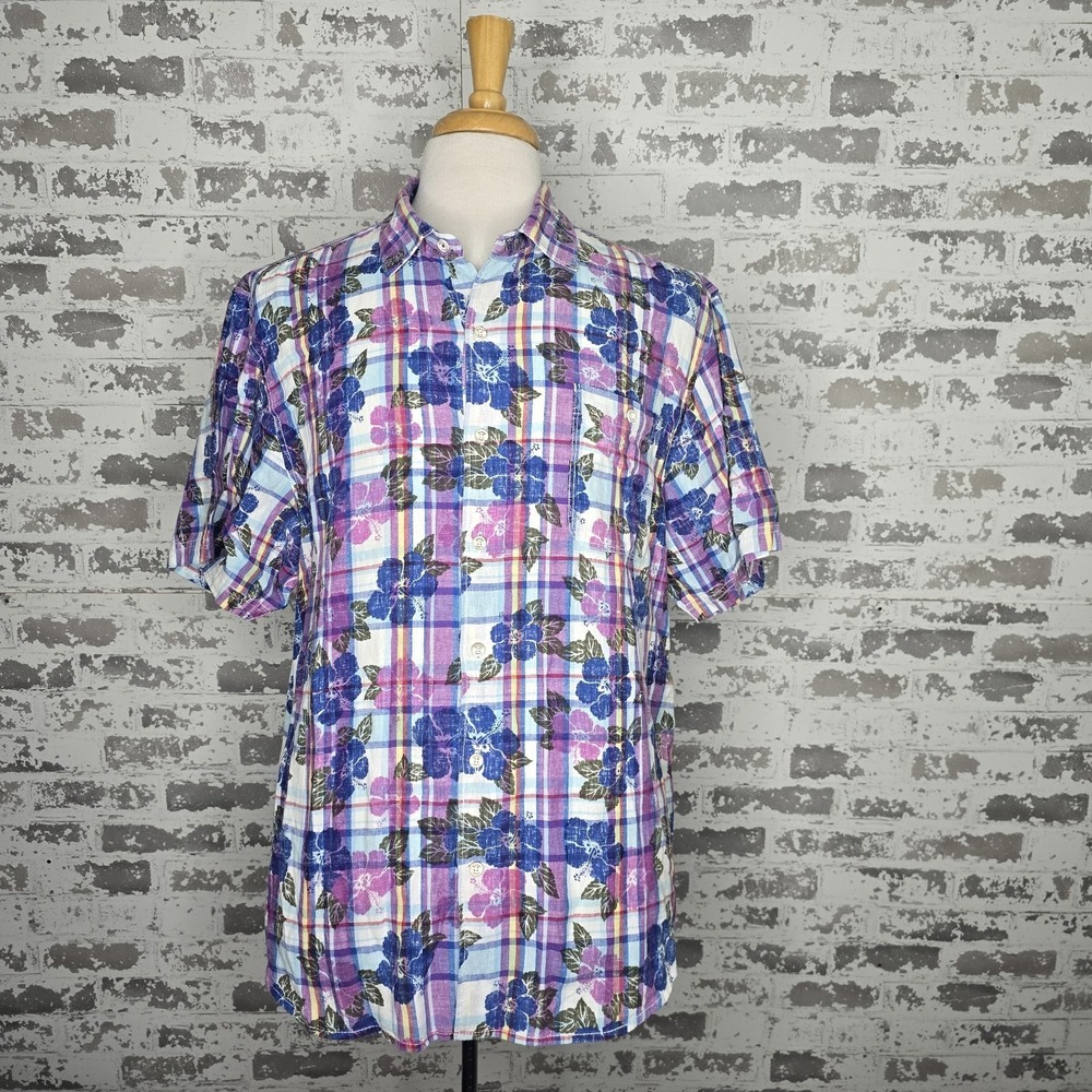 Tommy Bahama XL Mens Multicolor Windowpane Floral Linen Blend Short Sleeve Shirt